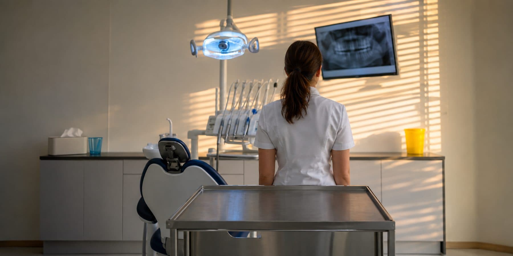 A dental clinician reviewing a panoramic X-ray in an operatory