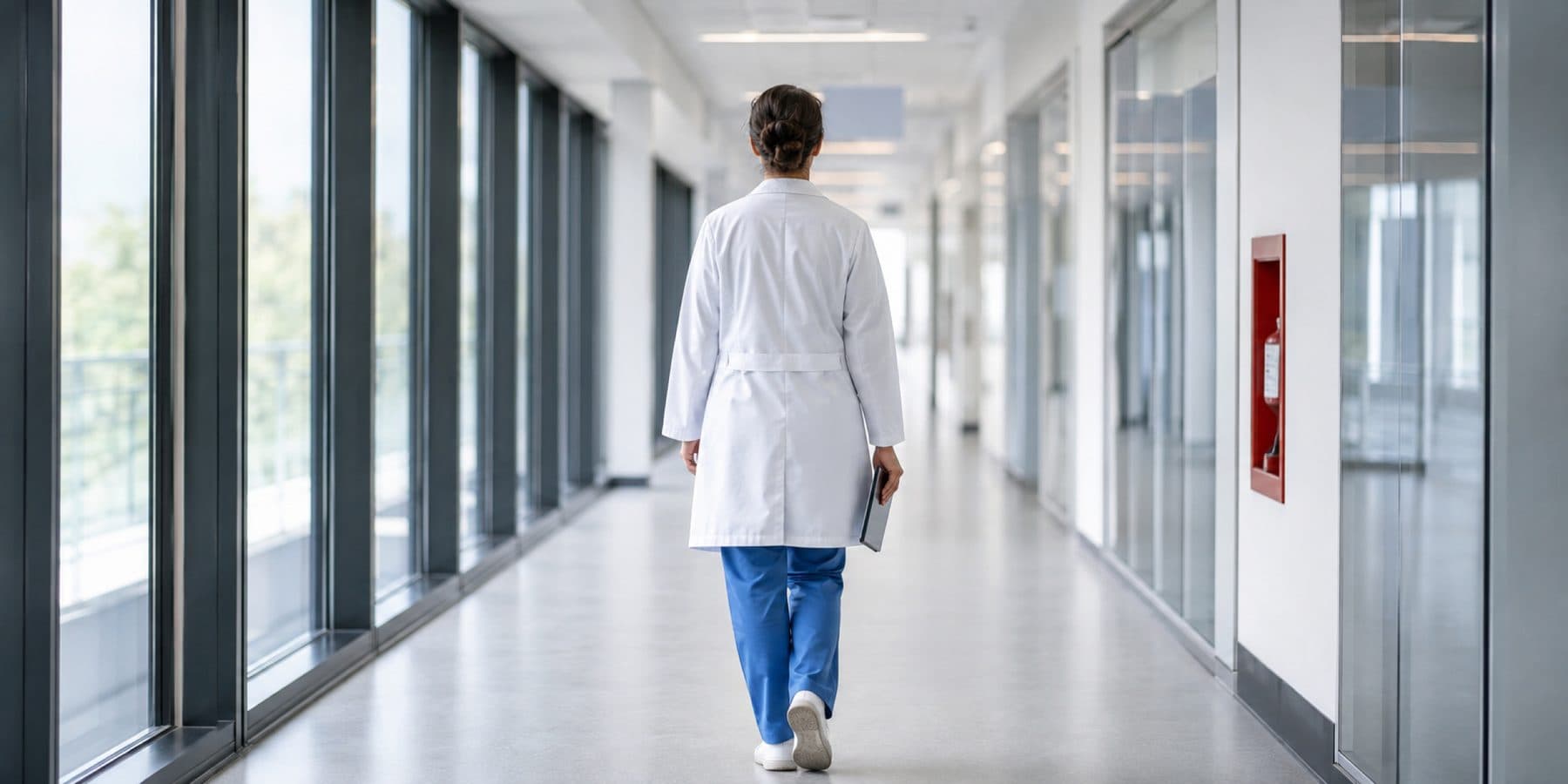 A clinician walking a bright hospital corridor